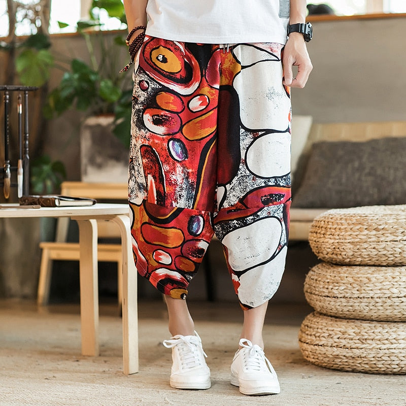 Calf Length Casual Men's Pants Wide Leg Cotton Linen Pants Fashion Clothing