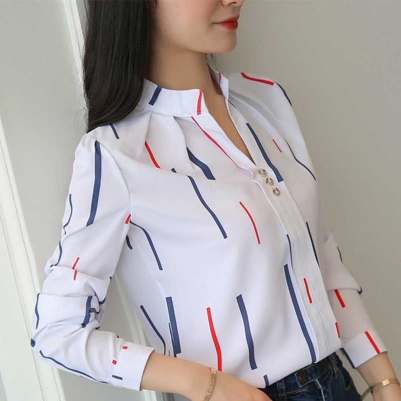 White Tops Women's Blouses Fashion Stripe Print Casual Long Sleeve Shirt