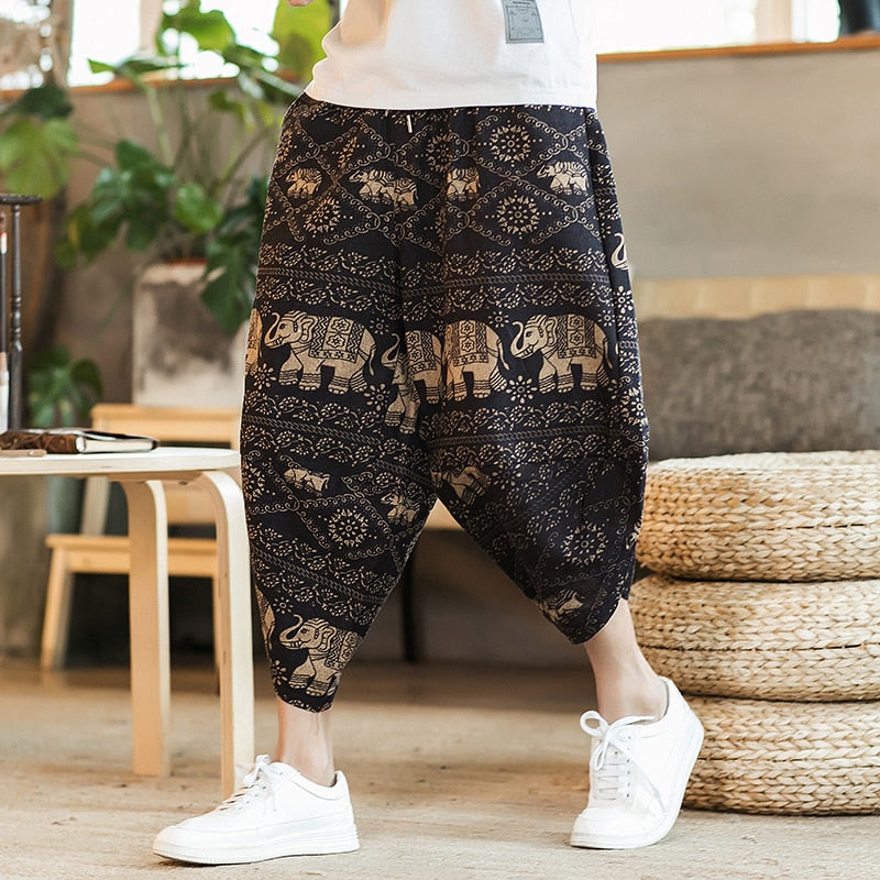 Calf Length Casual Men's Pants Wide Leg Cotton Linen Pants Fashion Clothing