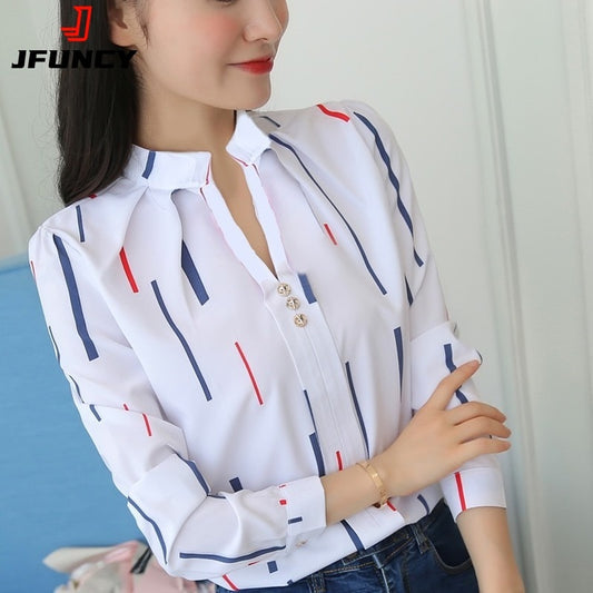 White Tops Women's Blouses Fashion Stripe Print Casual Long Sleeve Shirt