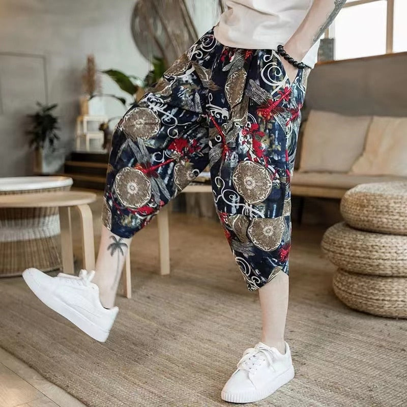 Calf Length Casual Men's Pants Wide Leg Cotton Linen Pants Fashion Clothing