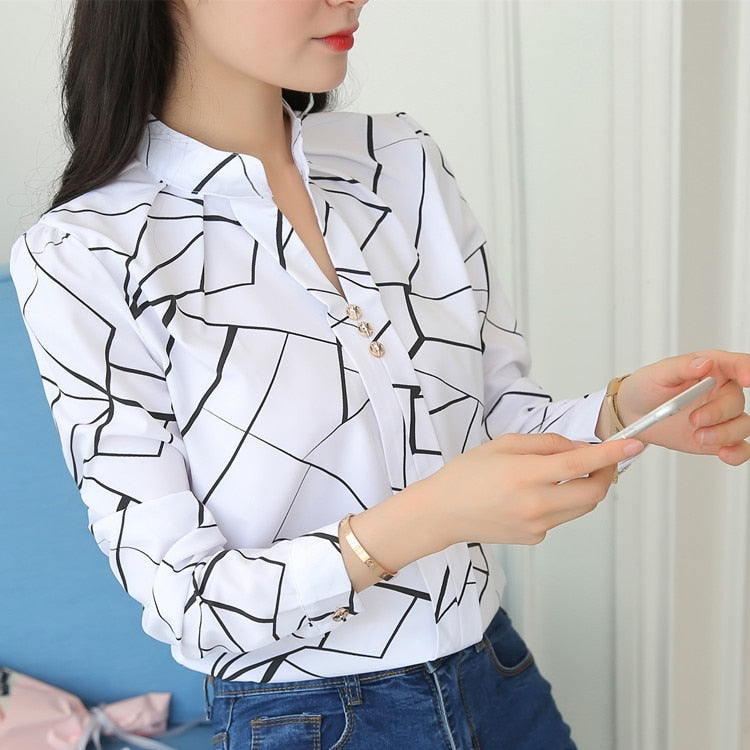 White Tops Women's Blouses Fashion Stripe Print Casual Long Sleeve Shirt