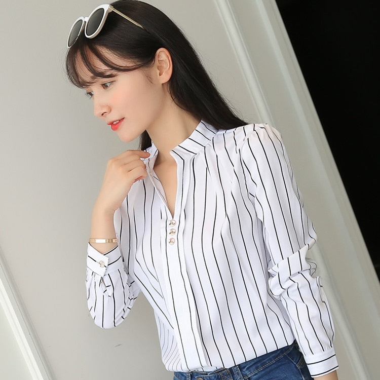 White Tops Women's Blouses Fashion Stripe Print Casual Long Sleeve Shirt