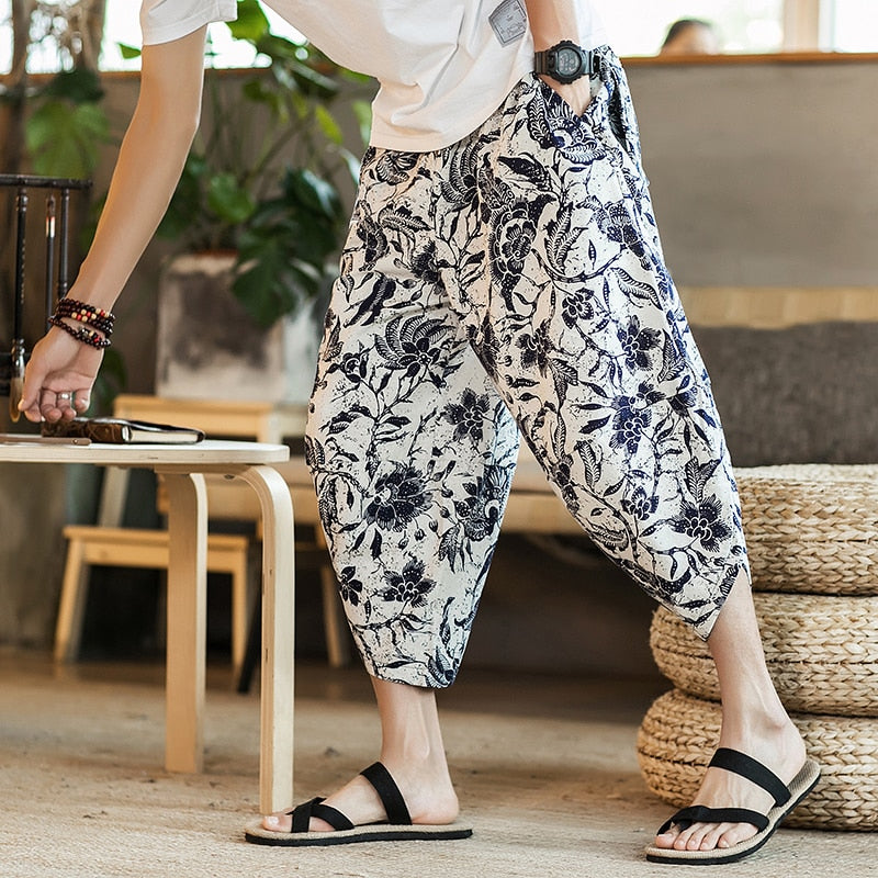 Calf Length Casual Men's Pants Wide Leg Cotton Linen Pants Fashion Clothing