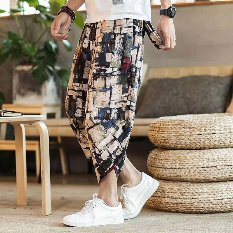 Calf Length Casual Men's Pants Wide Leg Cotton Linen Pants Fashion Clothing