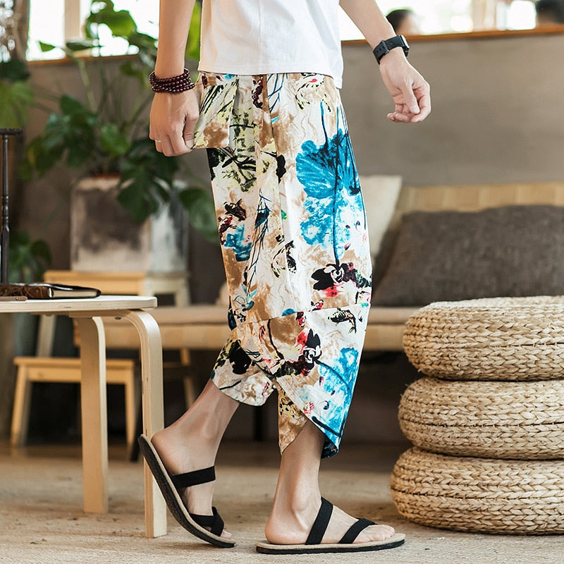 Calf Length Casual Men's Pants Wide Leg Cotton Linen Pants Fashion Clothing