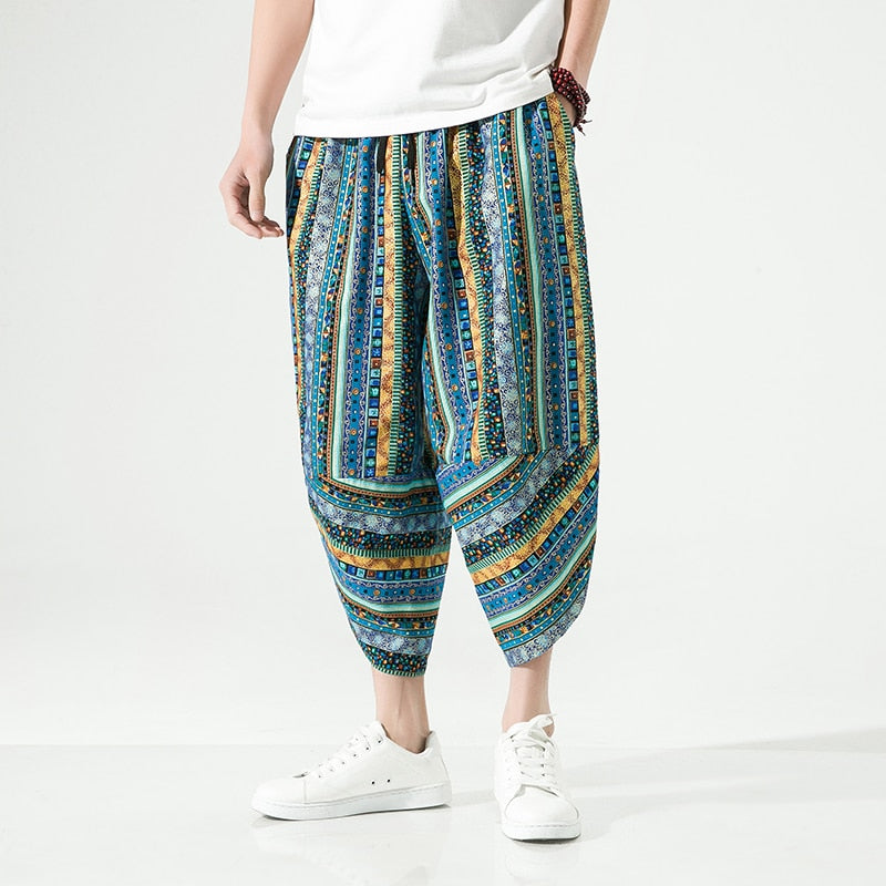 Calf Length Casual Men's Pants Wide Leg Cotton Linen Pants Fashion Clothing