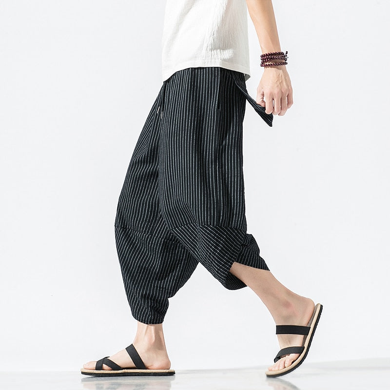 Calf Length Casual Men's Pants Wide Leg Cotton Linen Pants Fashion Clothing