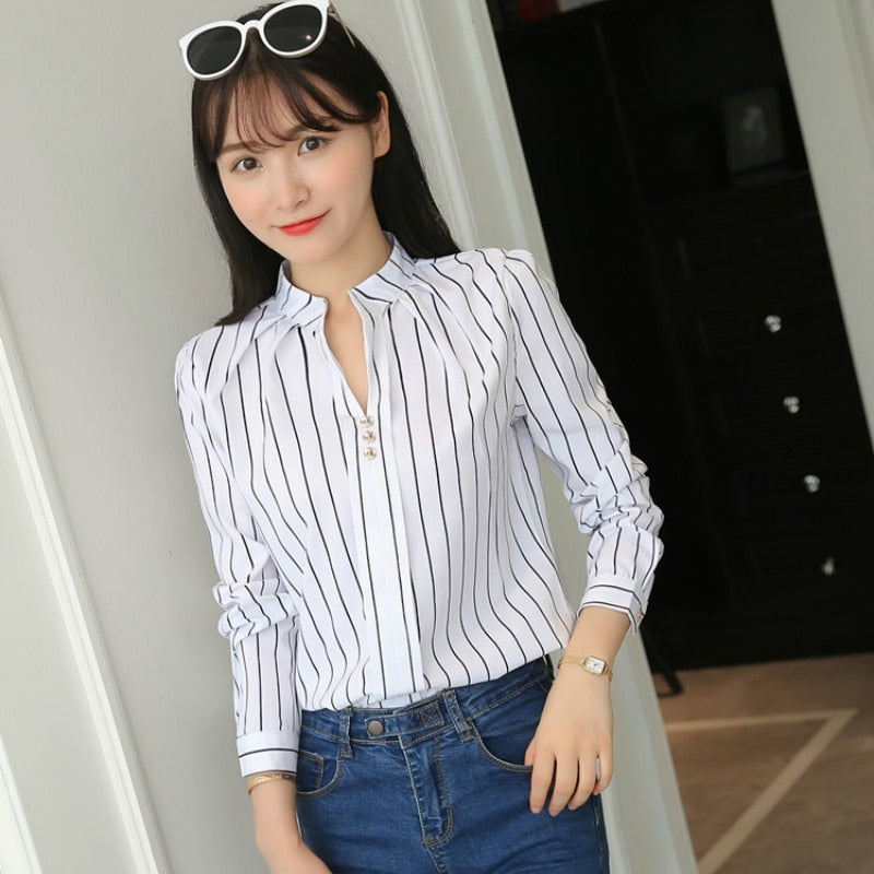 White Tops Women's Blouses Fashion Stripe Print Casual Long Sleeve Shirt